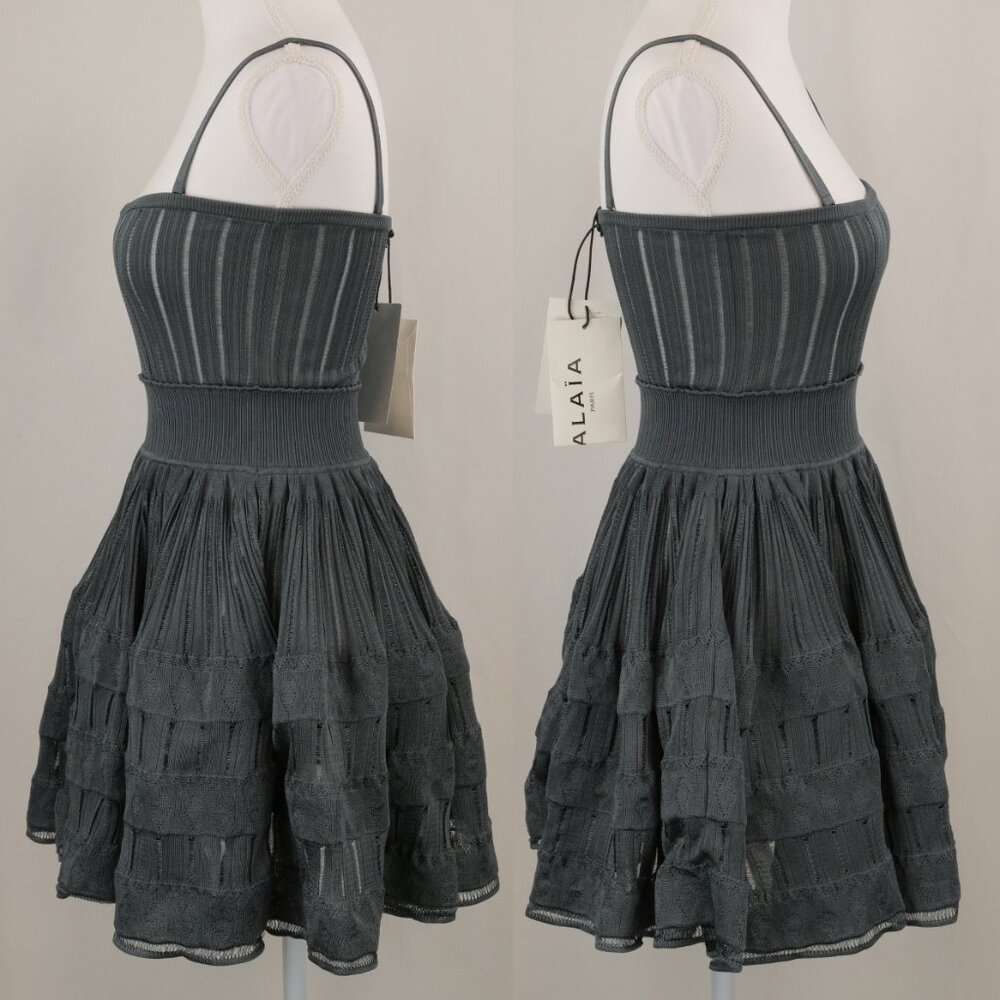 Alaia Crinoline Knit A-Line Square-Neck Mini Dress, Blue Grey, Size FR 36, Small - Picture 3 of 14